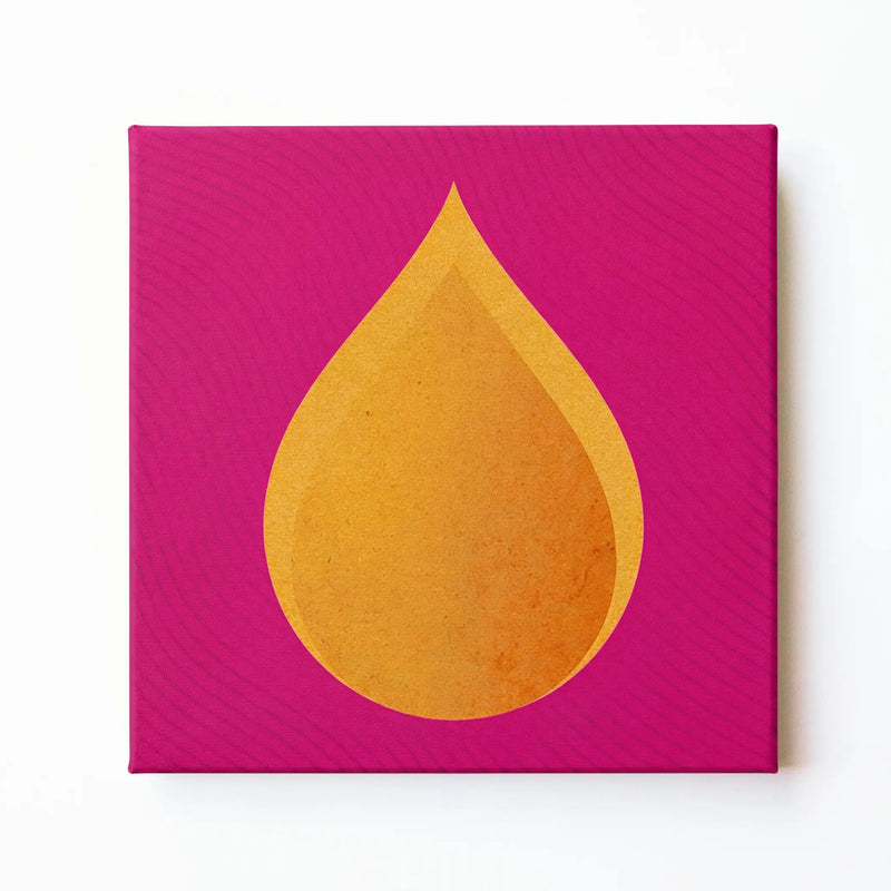 Gold drop wall art print by RoomFruit, golden teardrop on magenta square printed canvas, Australian made