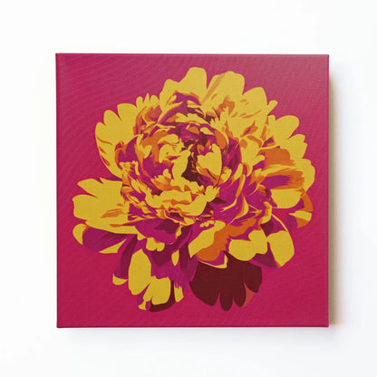 Gold peony floral wall art print by RoomFruit, golden bloom on magenta square printed canvas, Australian made