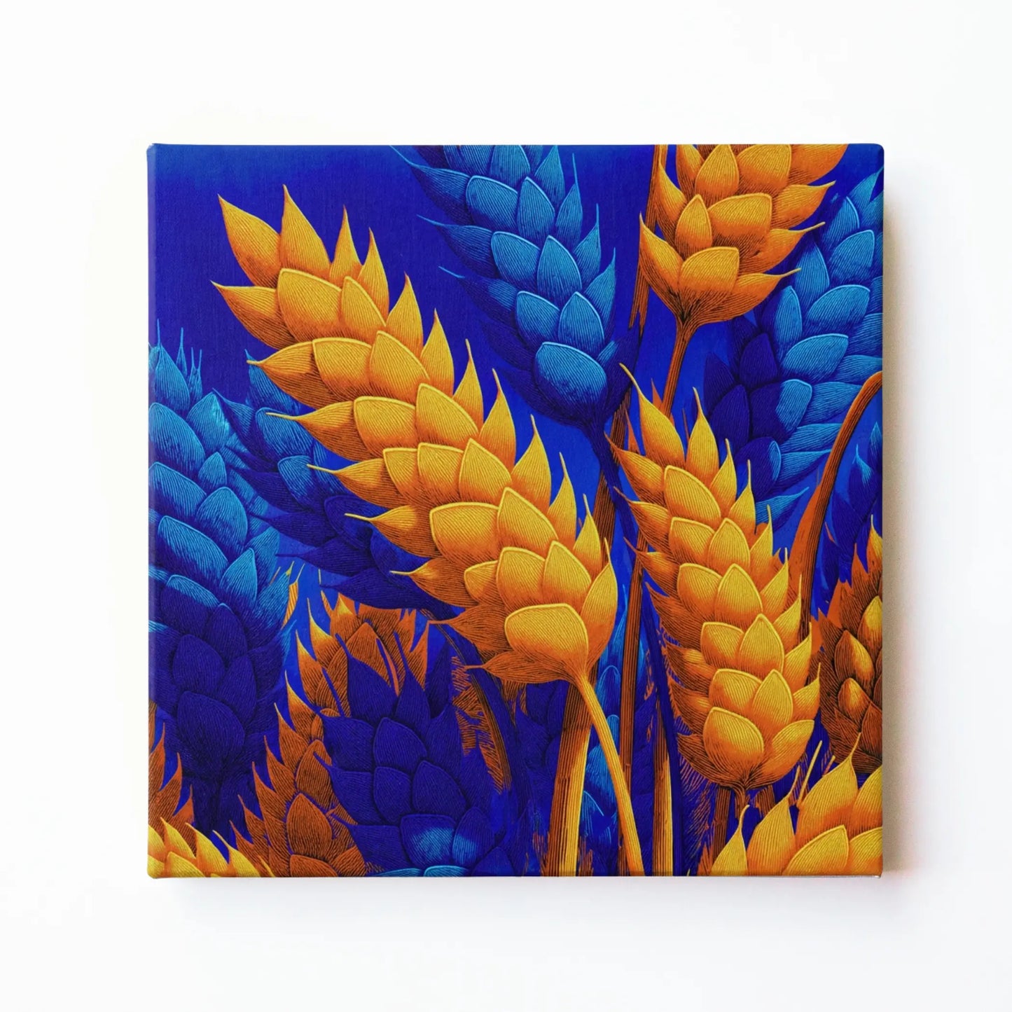 Golden wheat wall art print by RoomFruit, wheat sheaves on cobalt blue square printed canvas, Australian made