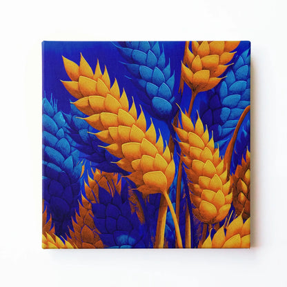 Golden wheat wall art print by RoomFruit, wheat sheaves on cobalt blue square printed canvas, Australian made
