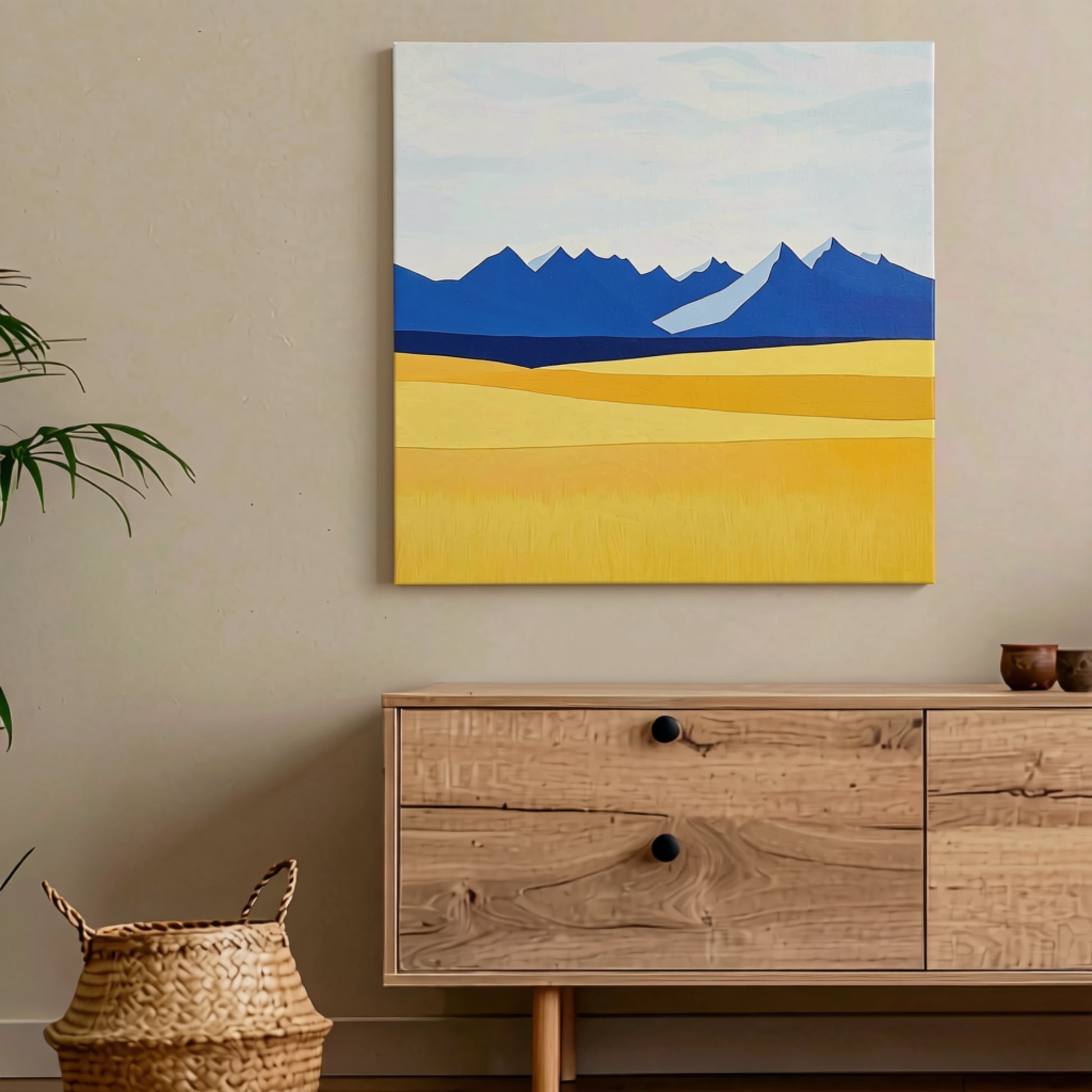 Growth mindset wall art mountain canvas in entryway with dark sage wall and warm natural light