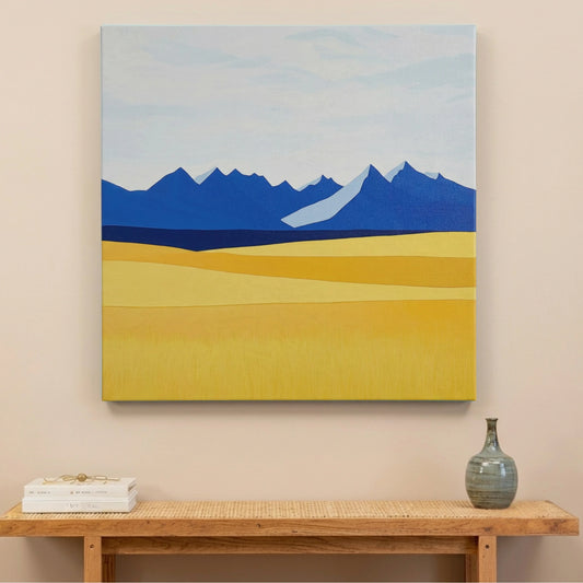 Growth mindset wall art mountain canvas printed in Australia, blue mountains and golden plains on square canvas, ready to hang by RoomFruit