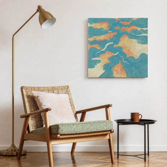 Inspirational canvas wall art river map in reading nook with woven accent chair, brass lamp, and warm textures