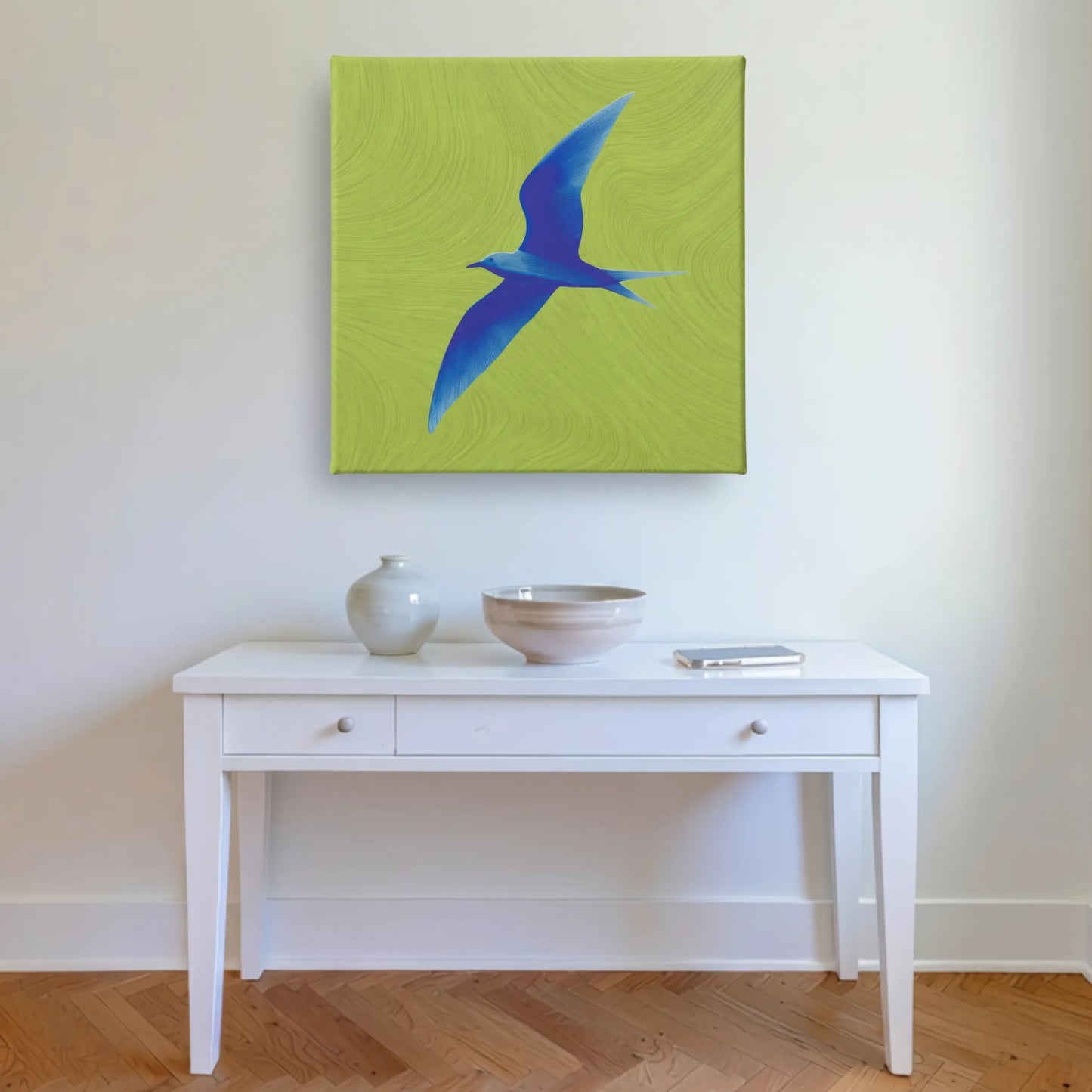 Inspirational wall art bird canvas in entryway with white console table and warm timber flooring