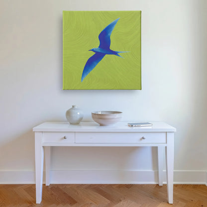 Inspirational wall art bird canvas in entryway with white console table and warm timber flooring