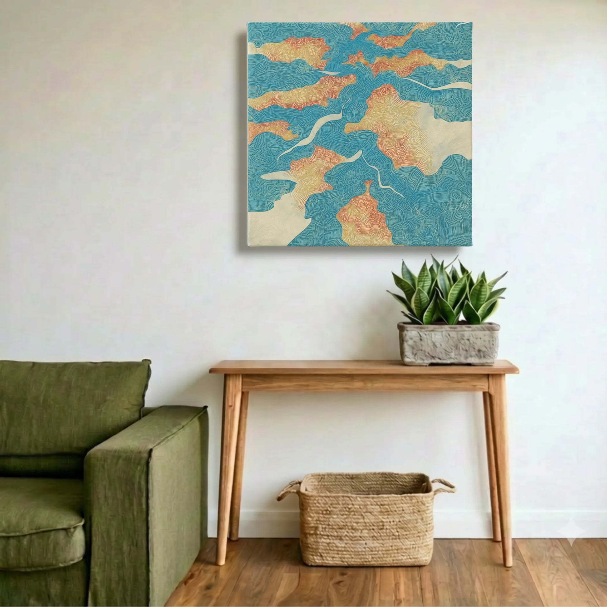 Nature wall art river map canvas in entryway with olive green sofa, timber console, and woven basket