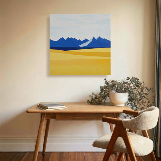 Inspirational wall art mountain canvas in study with timber desk, wooden chair, and natural light