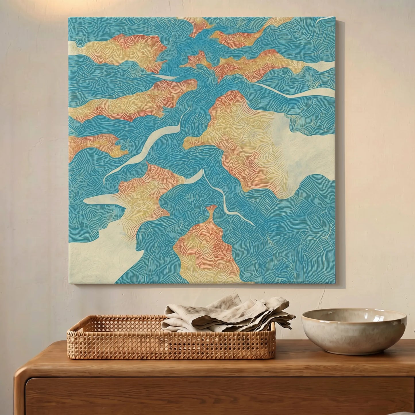 Inspirational wall art river map canvas printed in Australia, turquoise waterways on warm terrain square canvas, ready to hang by RoomFruit