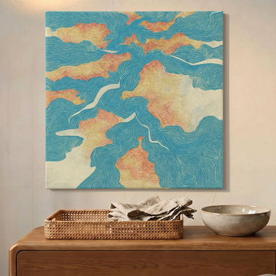 Inspirational wall art river map canvas printed in Australia, turquoise waterways on warm terrain square canvas, ready to hang by RoomFruit