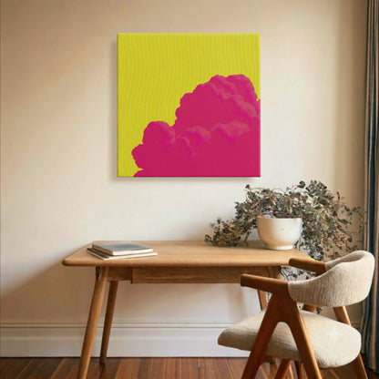 Inspirational wall art sky canvas in reading nook with woven accent chair and warm natural light