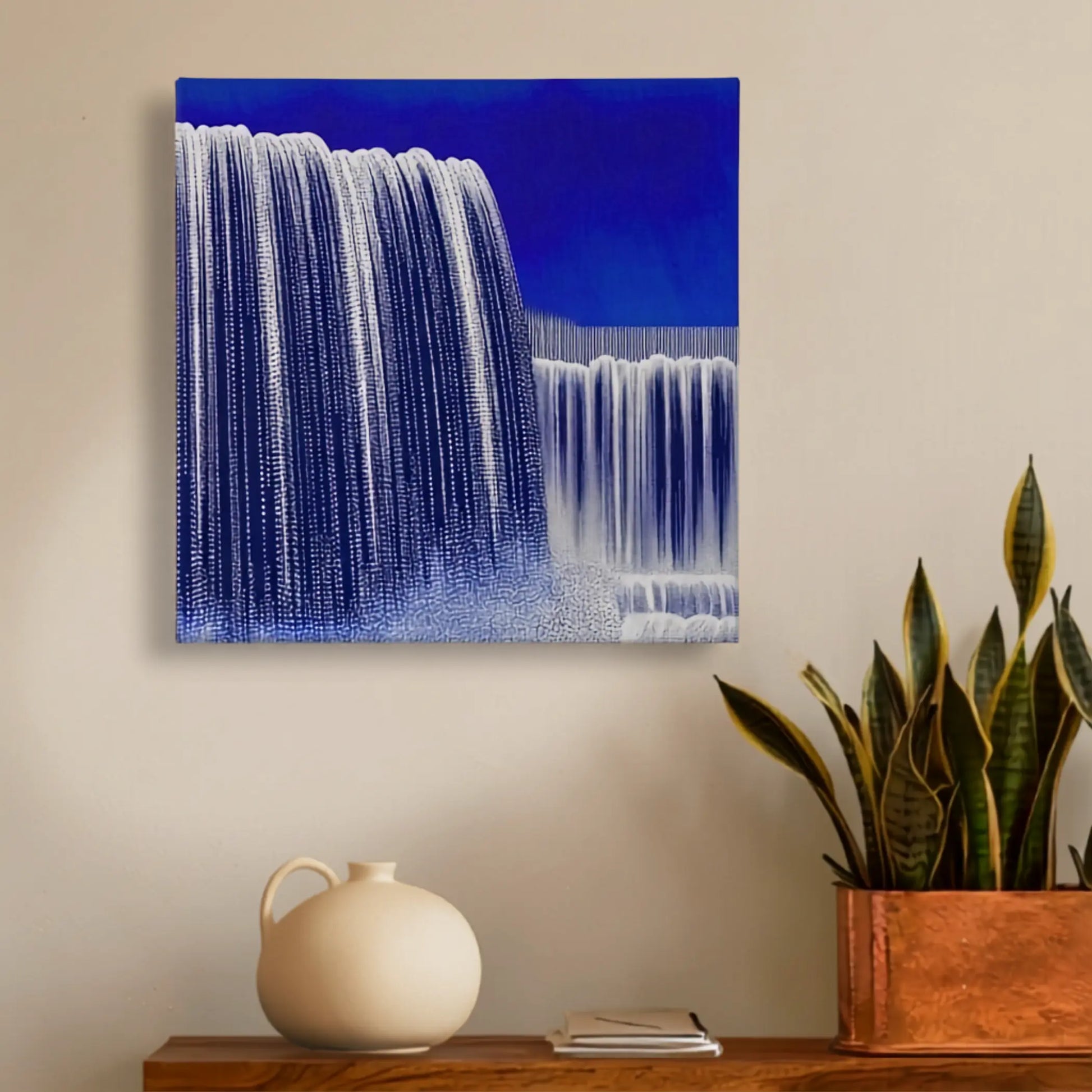 Inspirational wall art waterfall canvas in hallway with tall indoor plant and warm timber flooring