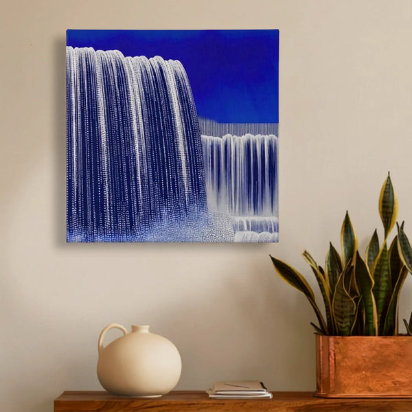 Inspirational wall art waterfall canvas in hallway with tall indoor plant and warm timber flooring