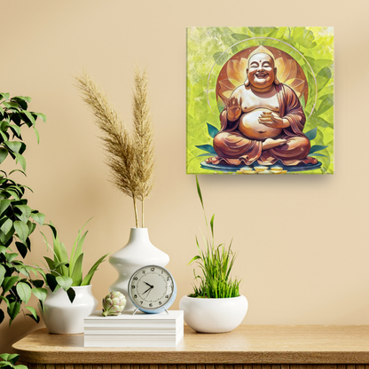 Happy Buddha wall decor in modern room adds feng shui wellness art and cheerful ambiance.