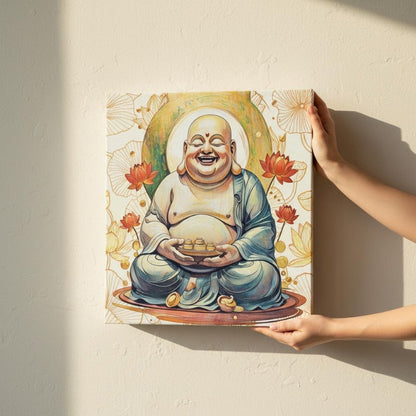 Close-up of feng shui wealth Buddha canvas highlighting wealth manifestation painting details.