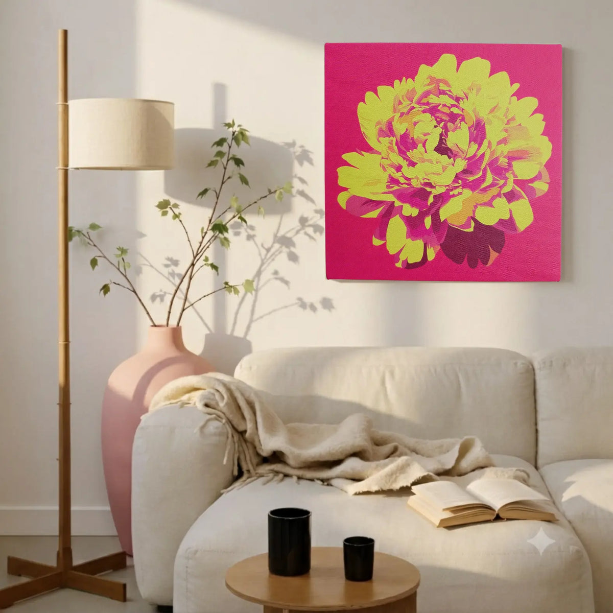 Pink and gold floral canvas wall art, ALIVE Peony, above the sofa in a living room