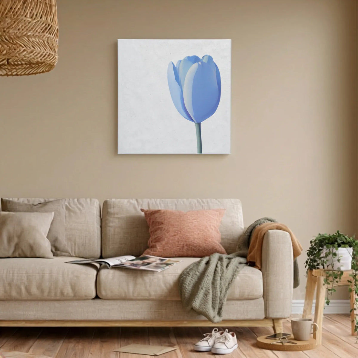 Blue and grey floral canvas wall art, LINGER Tulip, above the sofa in a living room