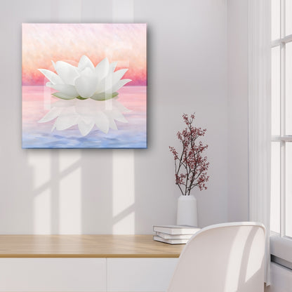 White lotus canvas above desk adds spiritual flower paintings and purity paintings to interiors.