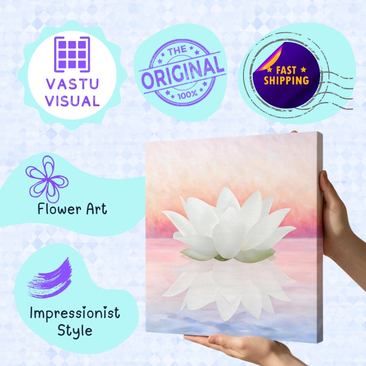 features of white lotus canvas art with authentic quality for meditation decor and purity paintings.
