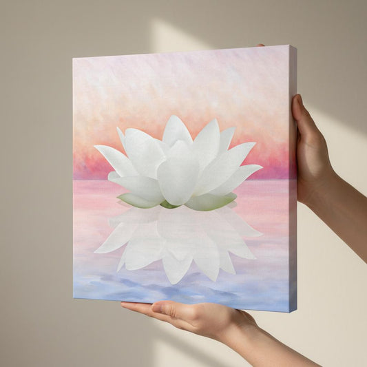 Close-up of white lotus canvas highlighting lotus symbolism art and detailed purity paintings.