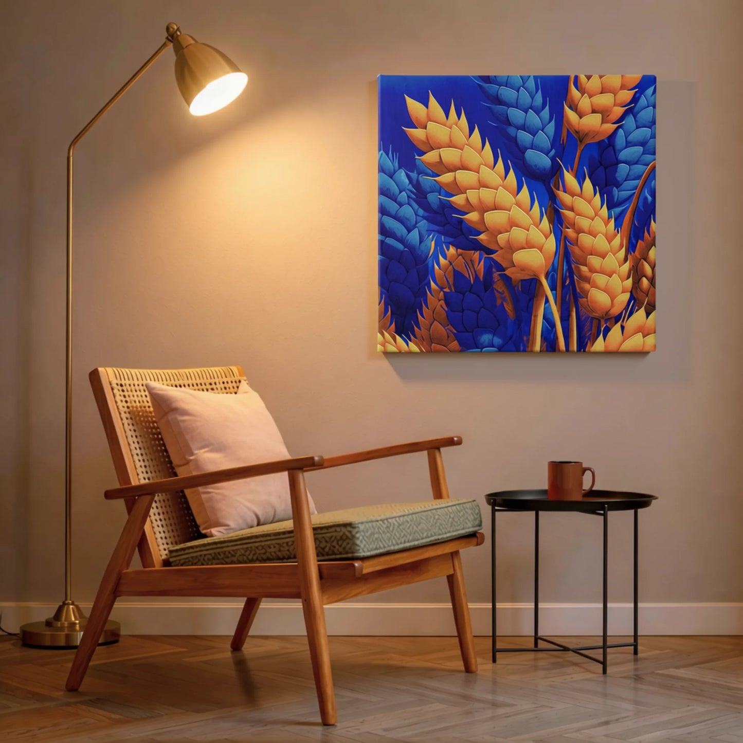 Lounge wall art golden wheat canvas above timber console with potted plants and natural textures