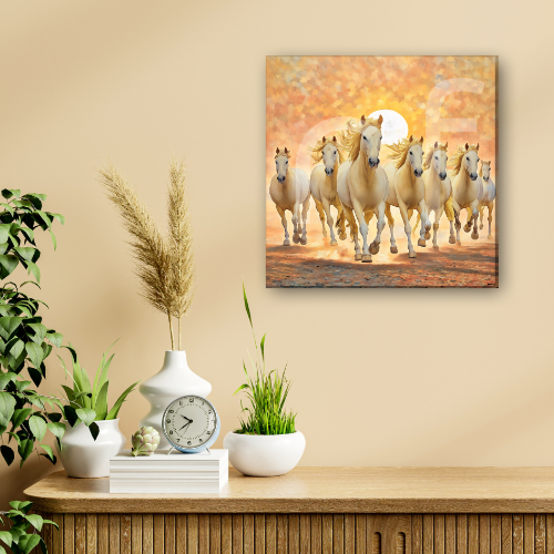 Seven horses canvas art above sofa enhances success symbols canvas and prosperity paintings.