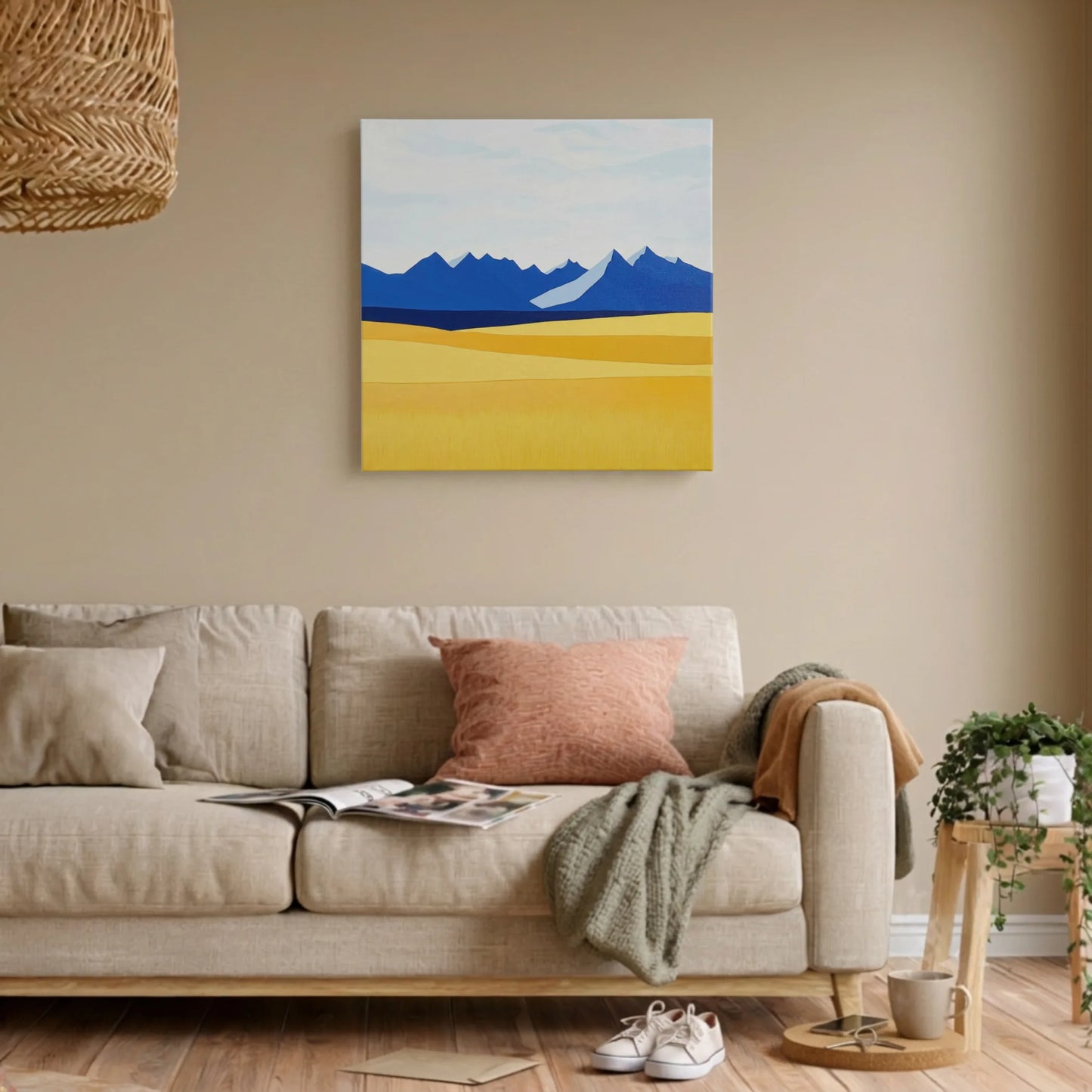Mindset wall art for living room, mountain canvas with timber credenza, woven basket, and warm neutral tones