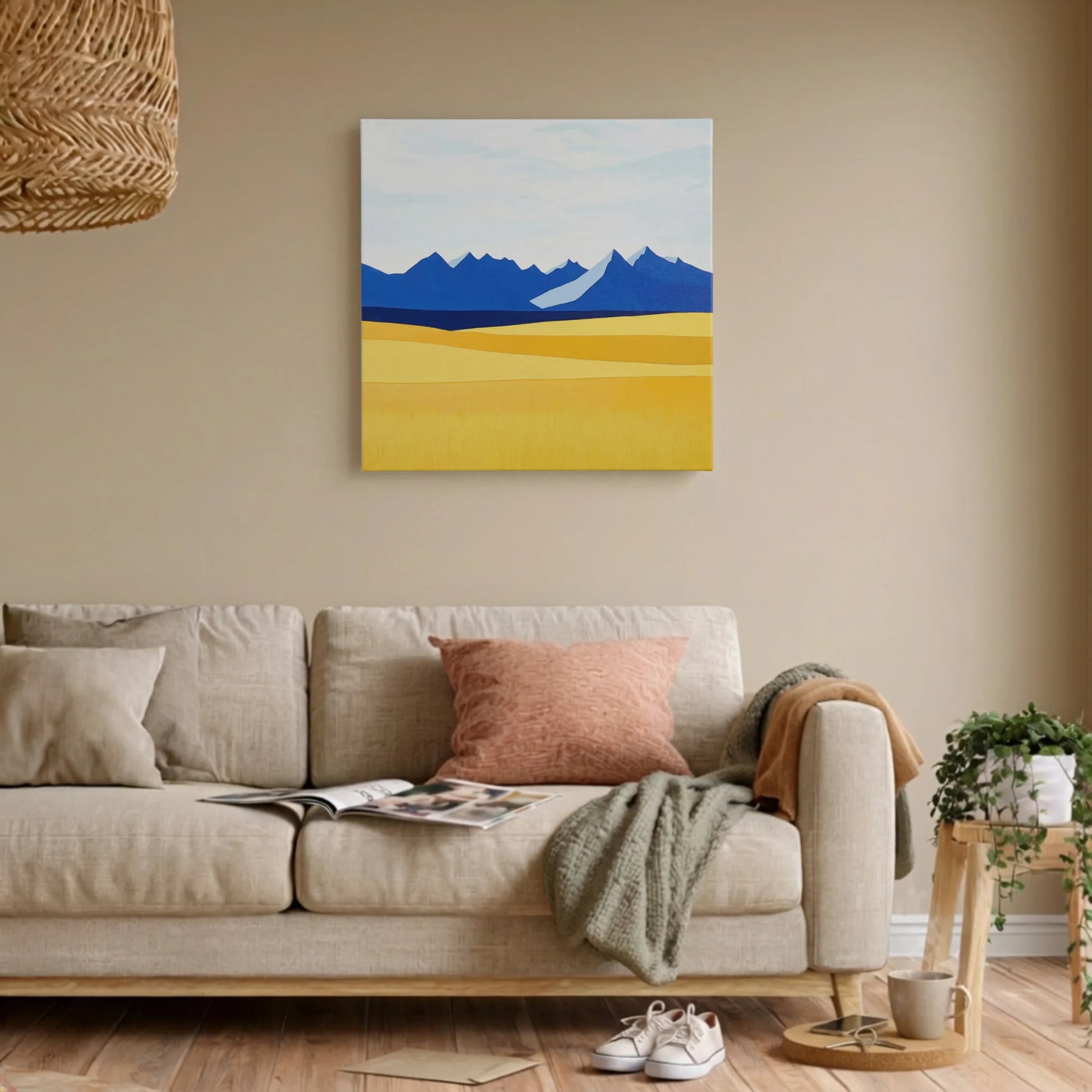 Mindset wall art for living room, mountain canvas with timber credenza, woven basket, and warm neutral tones