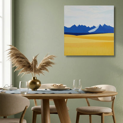 Mindset wall art mountain canvas in dining room with timber table, warm chairs, and dried pampas