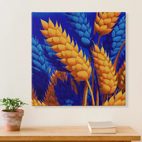 Gold and blue wheat harvest modern canvas wall art, RIPE Harvest, on a wall at home
