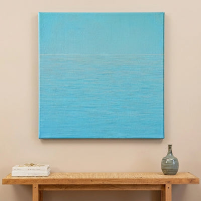 Aqua blue and teal still sea meeting the horizon modern canvas wall art, DEEP Water, on a wall at home