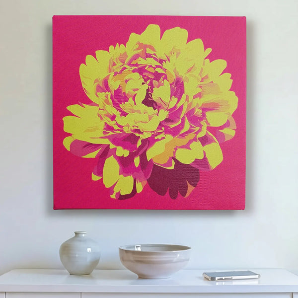 Pink and gold blooming peony modern canvas wall art, ALIVE Peony, on a wall at home