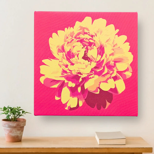 Pink and gold blooming peony modern canvas wall art, ALIVE Peony, on a wall at home
