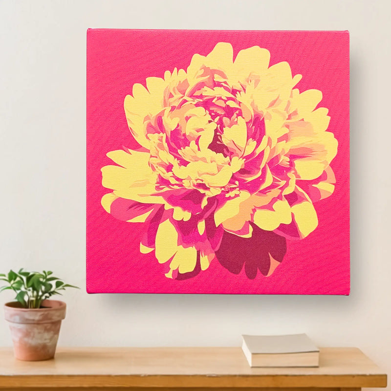 Pink and gold blooming peony modern canvas wall art, ALIVE Peony, on a wall at home