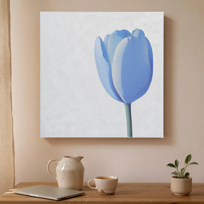 Blue and grey half-open tulip modern canvas wall art, LINGER Tulip, on a wall at home