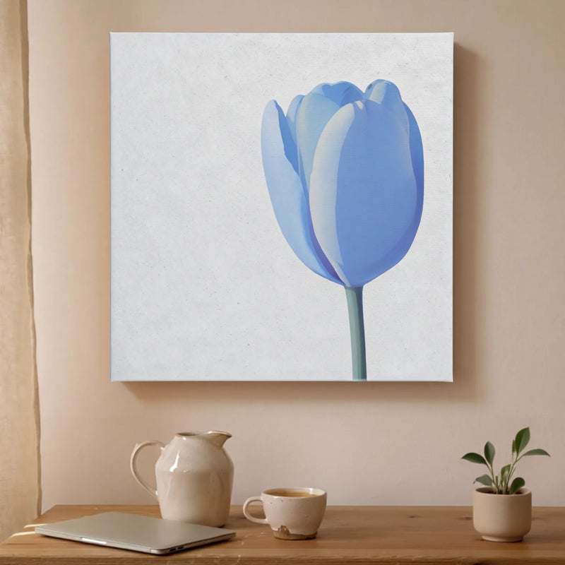 Blue and grey half-open tulip modern canvas wall art, LINGER Tulip, on a wall at home