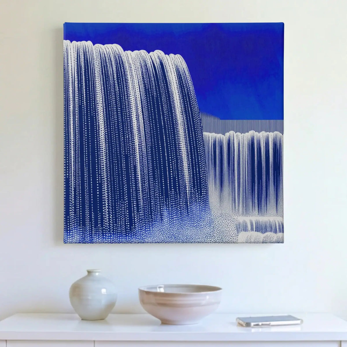Blue and white waterfall modern canvas wall art, POUR Waterfall, on a wall at home