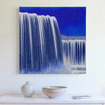 Blue and white waterfall modern canvas wall art, POUR Waterfall, on a wall at home