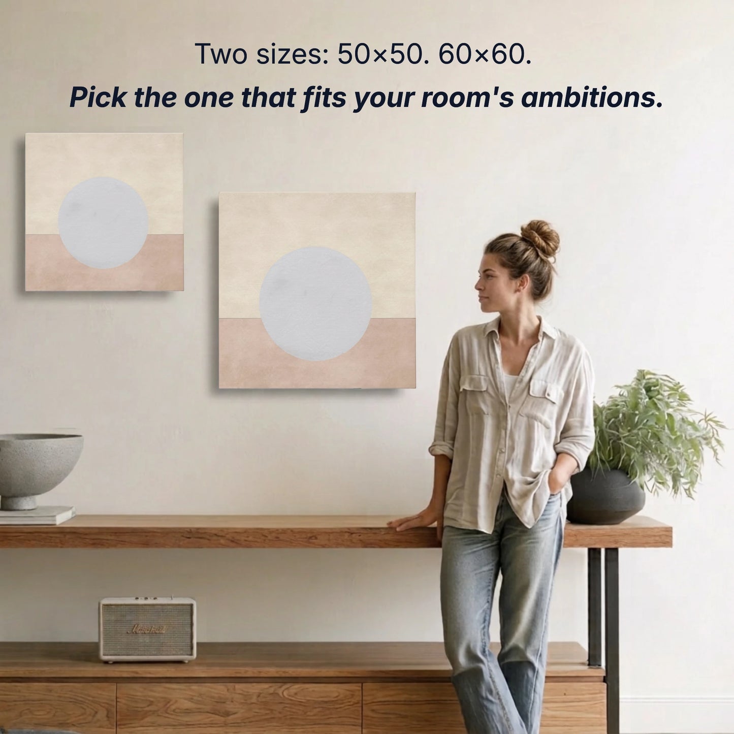 Moon canvas wall art two sizes 50x50cm and 60x60cm shown to scale, small wall art option available