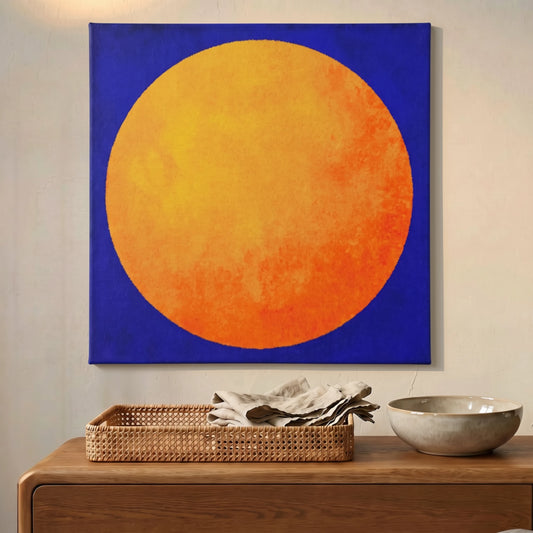 Morning motivation wall art orange sun canvas printed in Australia, golden circle on cobalt blue square canvas, ready to hang by RoomFruit