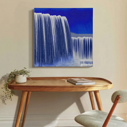 Motivational canvas wall art in home office, waterfall print with dried florals and warm-toned vase on timber console