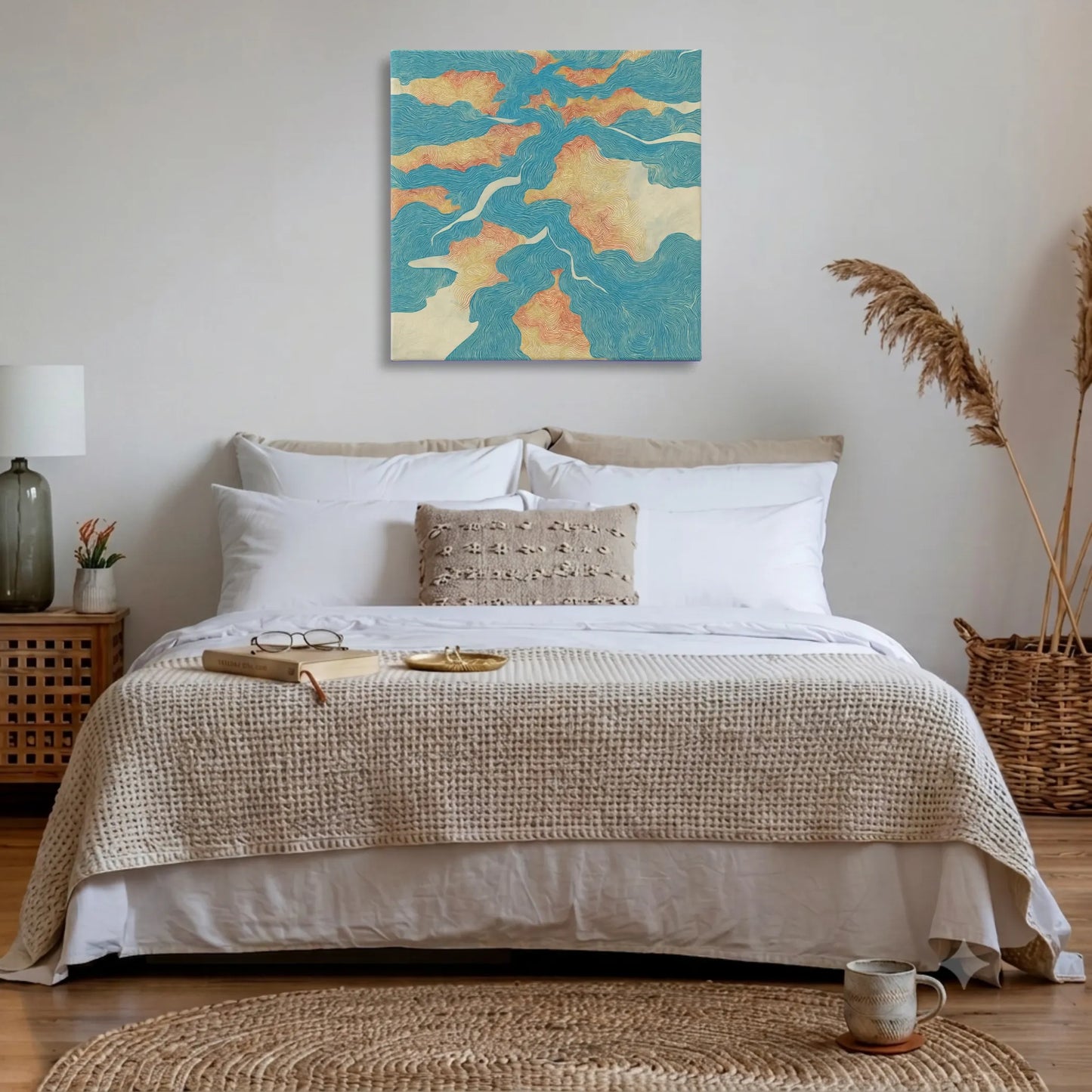 Motivational wall art for bedroom, river map canvas above bed with neutral linen bedding and warm natural light
