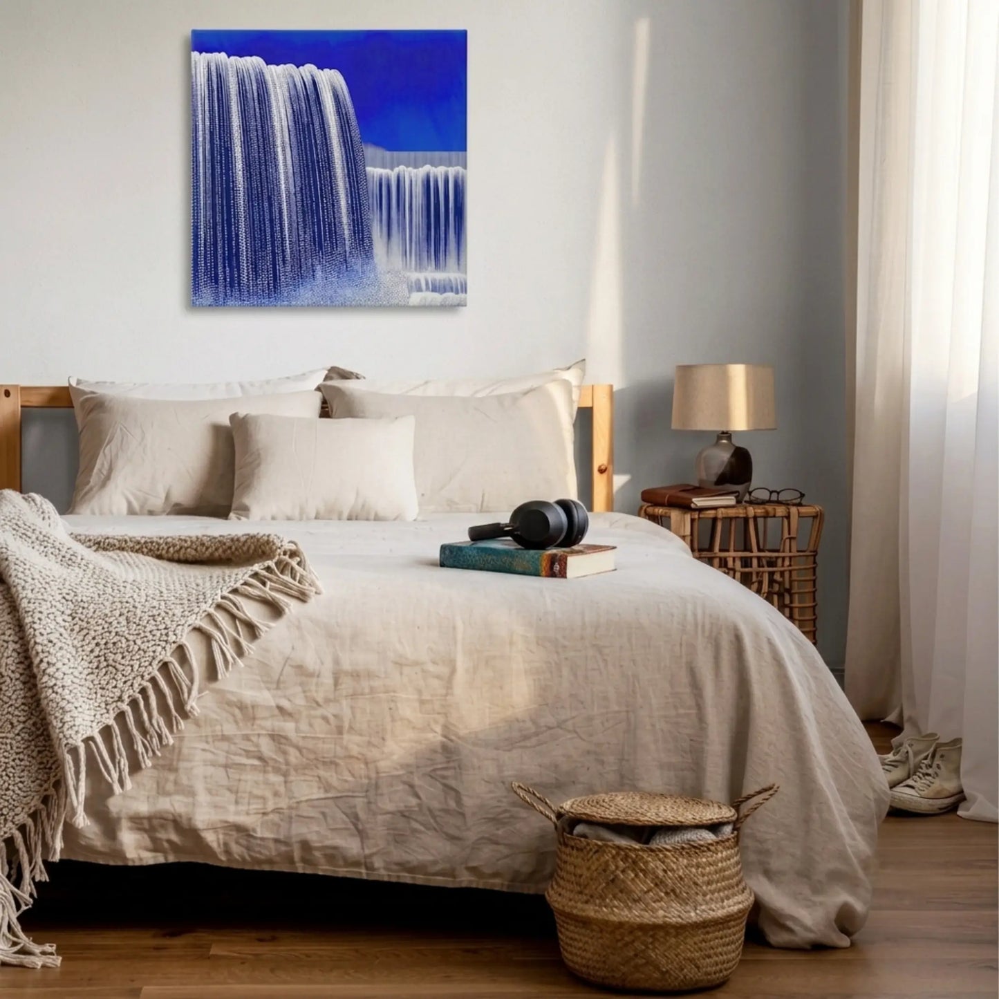 Motivational wall art for bedroom, blue waterfall canvas above bed with neutral linen bedding and warm timber furniture
