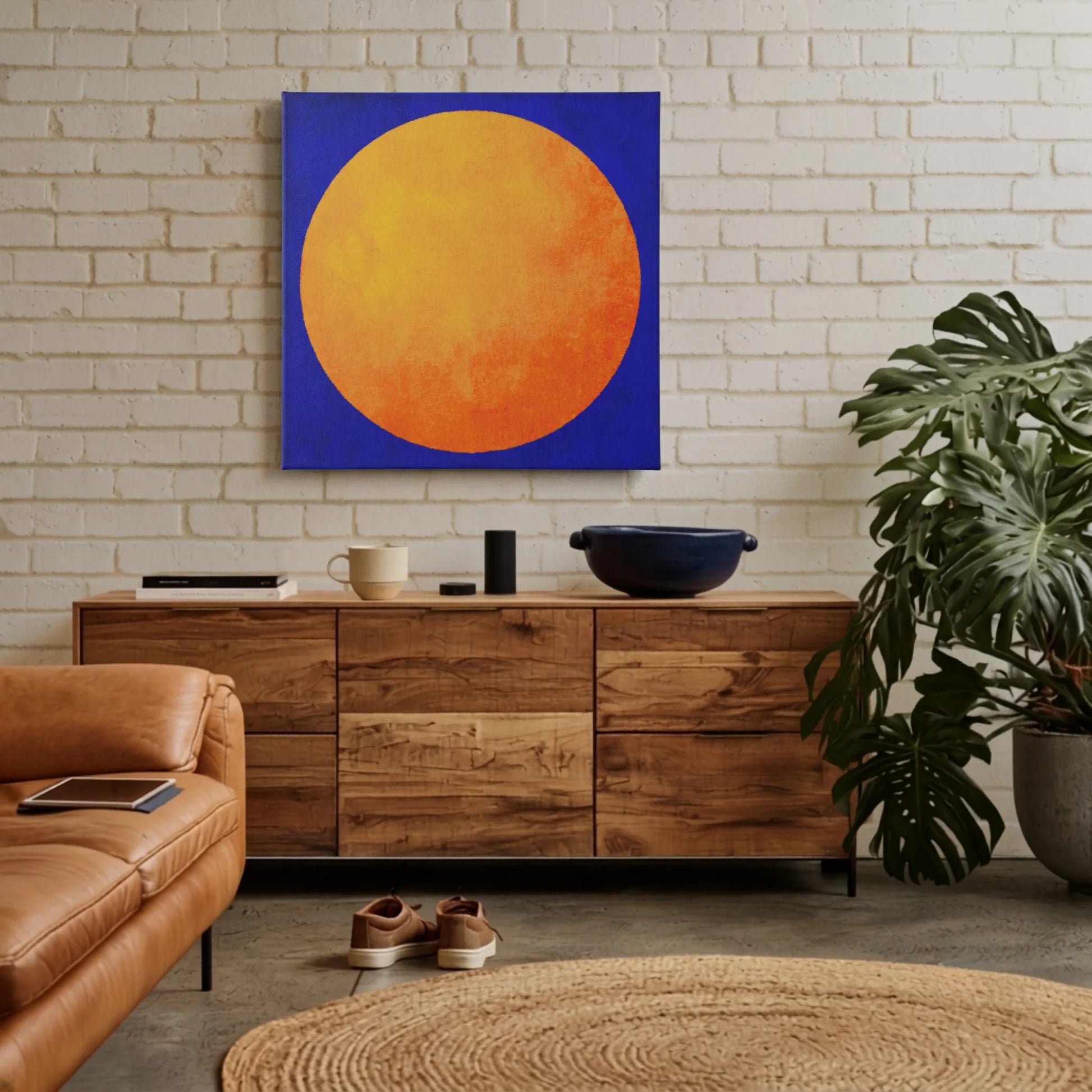 Motivational canvas wall art sun print in living room above sofa with terracotta cushions and monstera plant