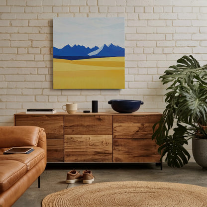 Motivational wall art mountain canvas in apartment living room with leather sofa, blue rug, and city view