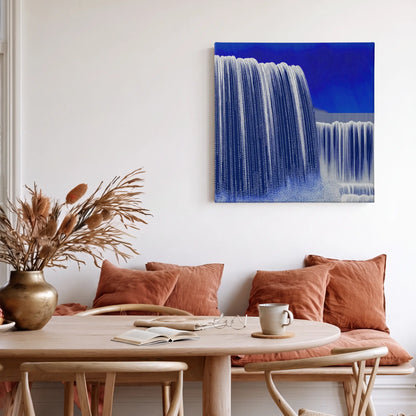 Motivational wall art waterfall canvas in warm dining room with terracotta cushions and natural textures