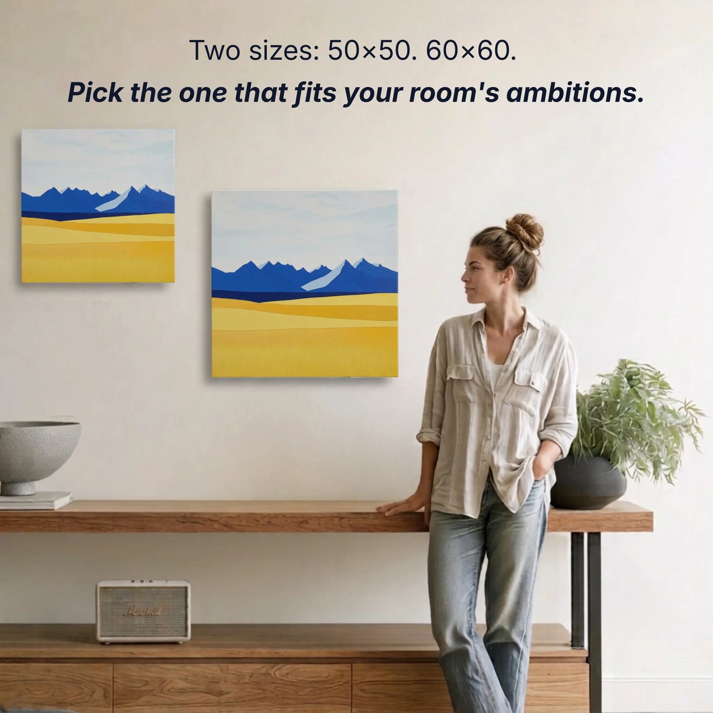 Mountain canvas wall art two sizes 50x50cm and 60x60cm shown to scale, small wall art option available