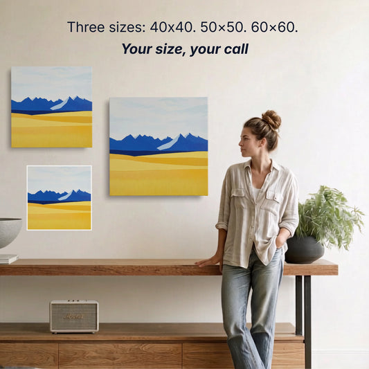 Mountain canvas wall art two sizes 50x50cm and 60x60cm shown to scale, small wall art option available
