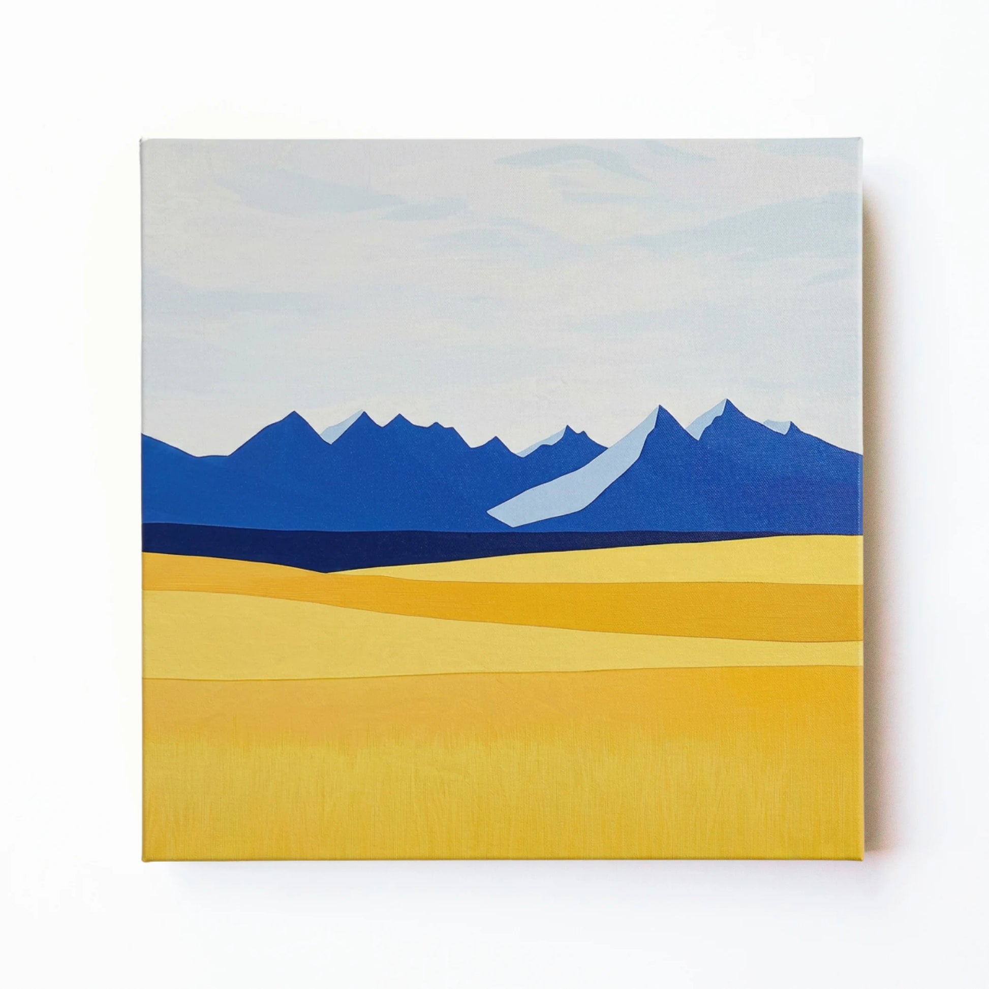 Mountain landscape wall art print by RoomFruit, blue range and golden plains on square printed canvas, Australian made
