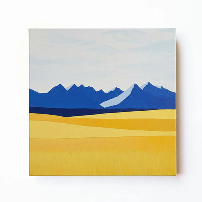 Mountain landscape wall art print by RoomFruit, blue range and golden plains on square printed canvas, Australian made