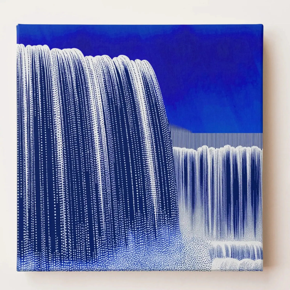 POUR Waterfall, blue and white nature canvas wall art, front view